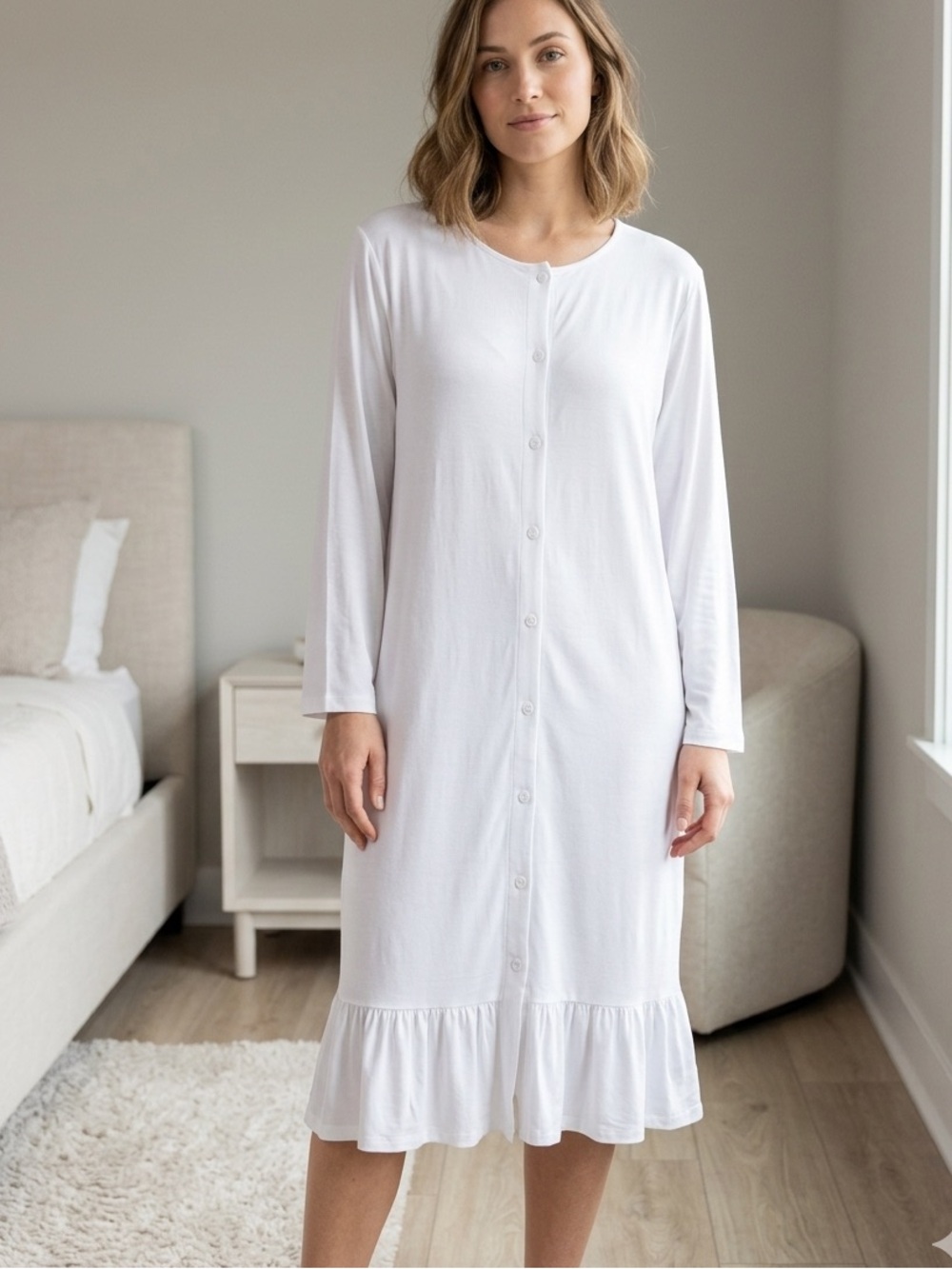 Alexander Del Rossa NWT white button front long sleeve nightgown Med